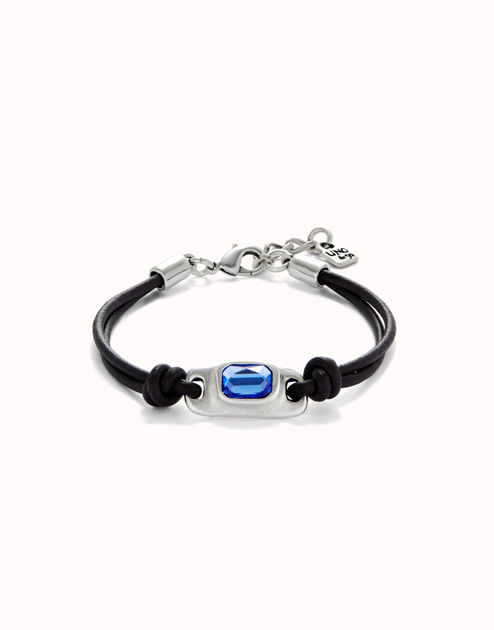 Leather bracelet with a blue crystal, Silver, large thumbnail