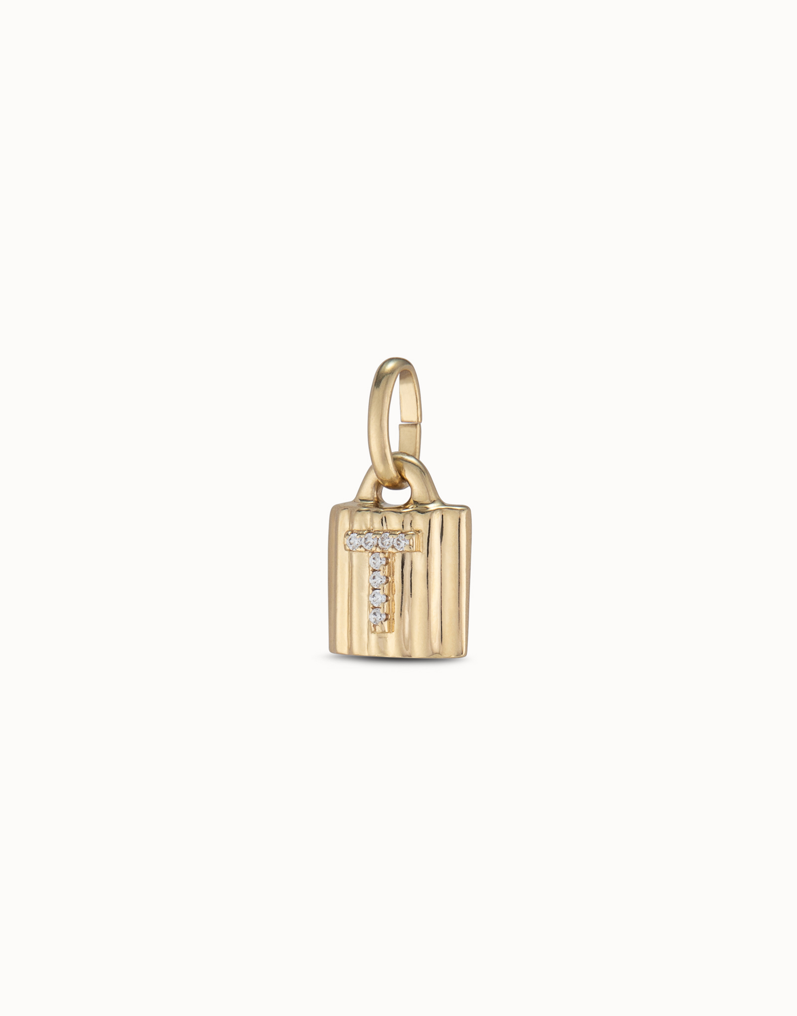 18K gold-plated padlock charm with topaz letter T, Golden, large thumbnail