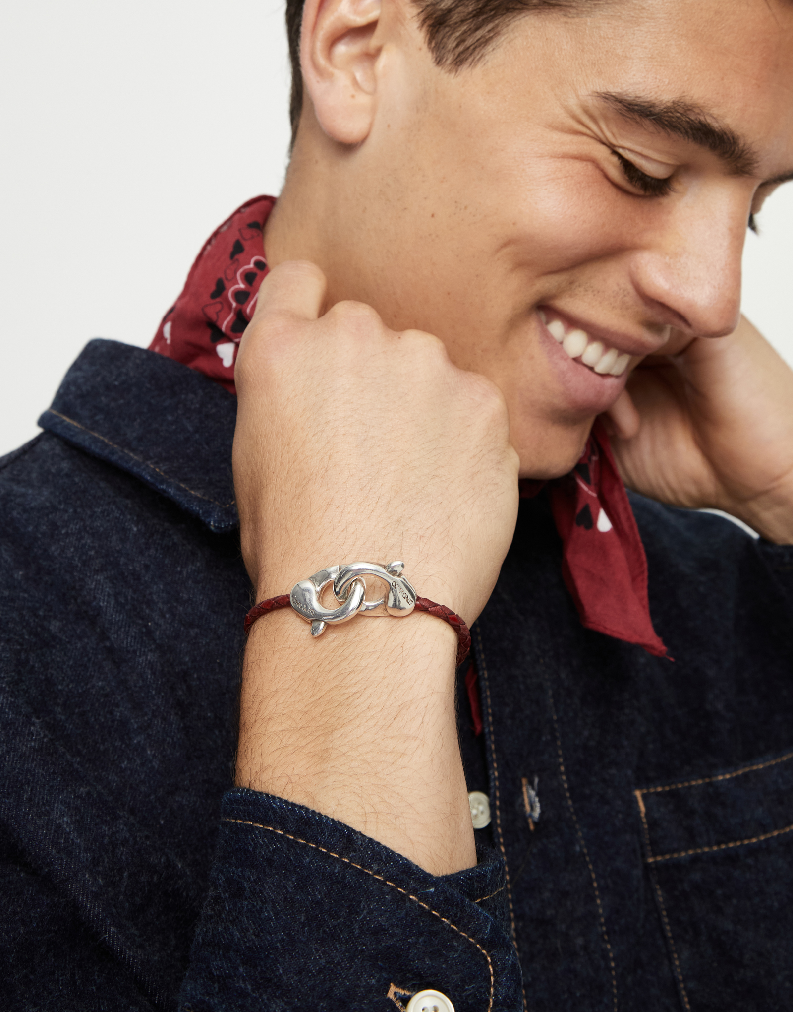 Red leather bracelet with interlocking carabiner, Silver, large thumbnail