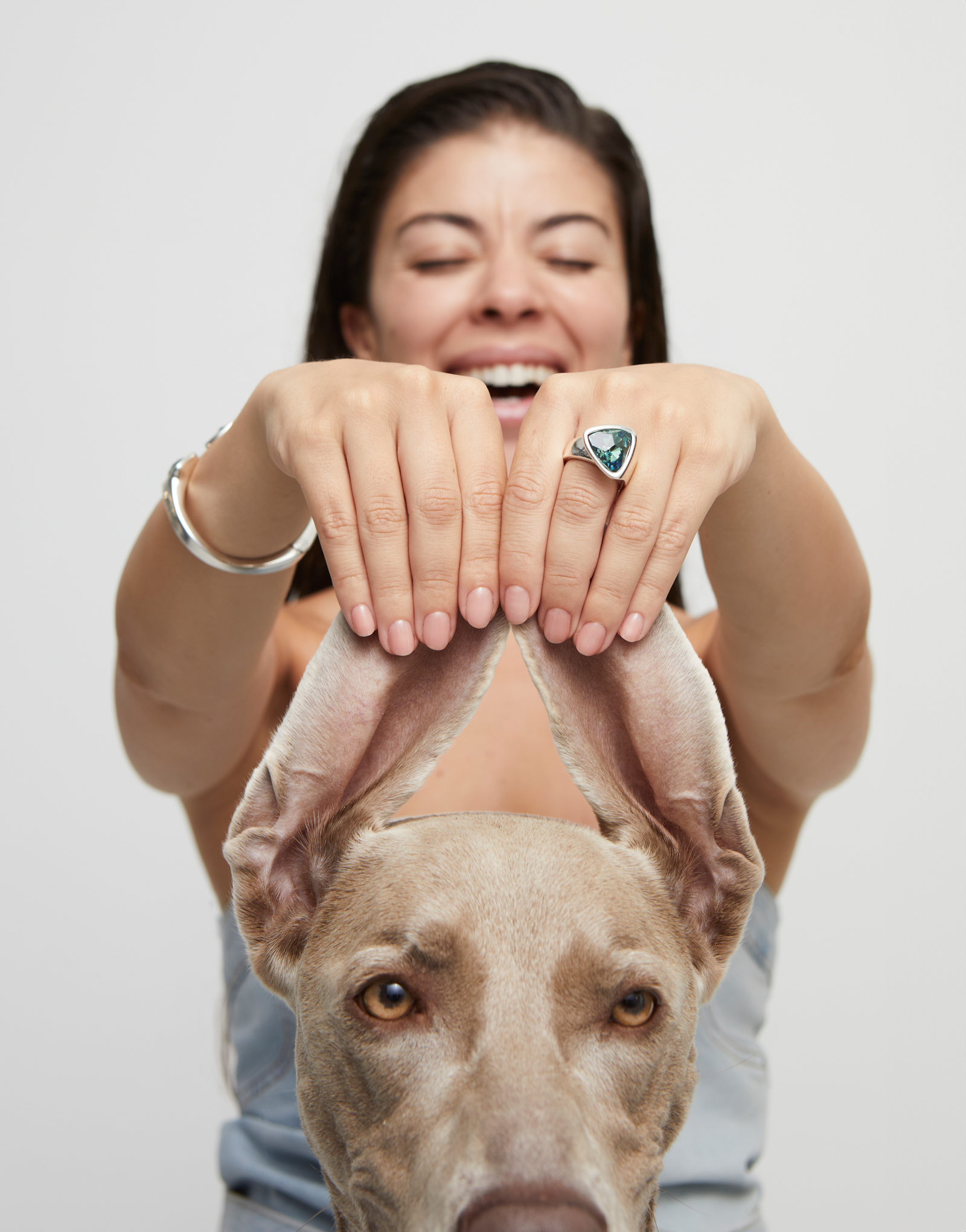 Triangular ring with green crystal, Silver, large thumbnail