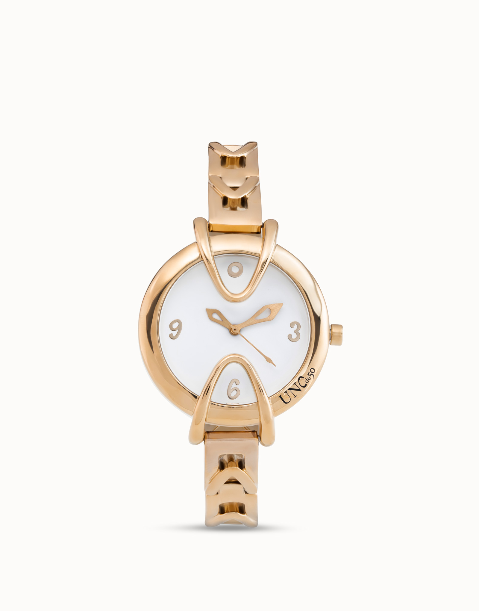 18K gold-plated watch with metal strap and round white dial, Golden, large thumbnail