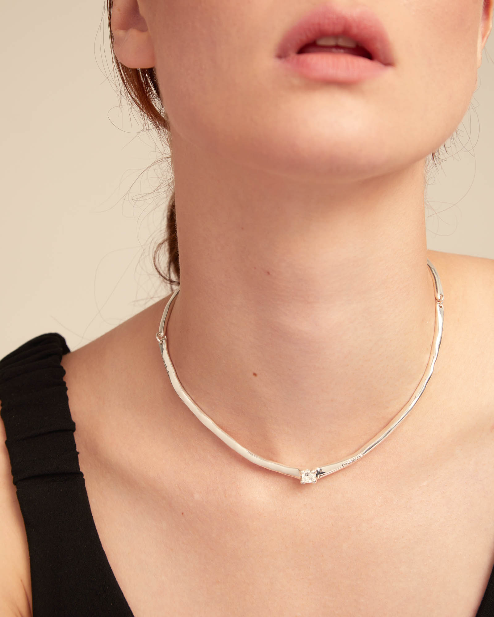 Choker necklace with white cubic zirconia, Silver, large thumbnail