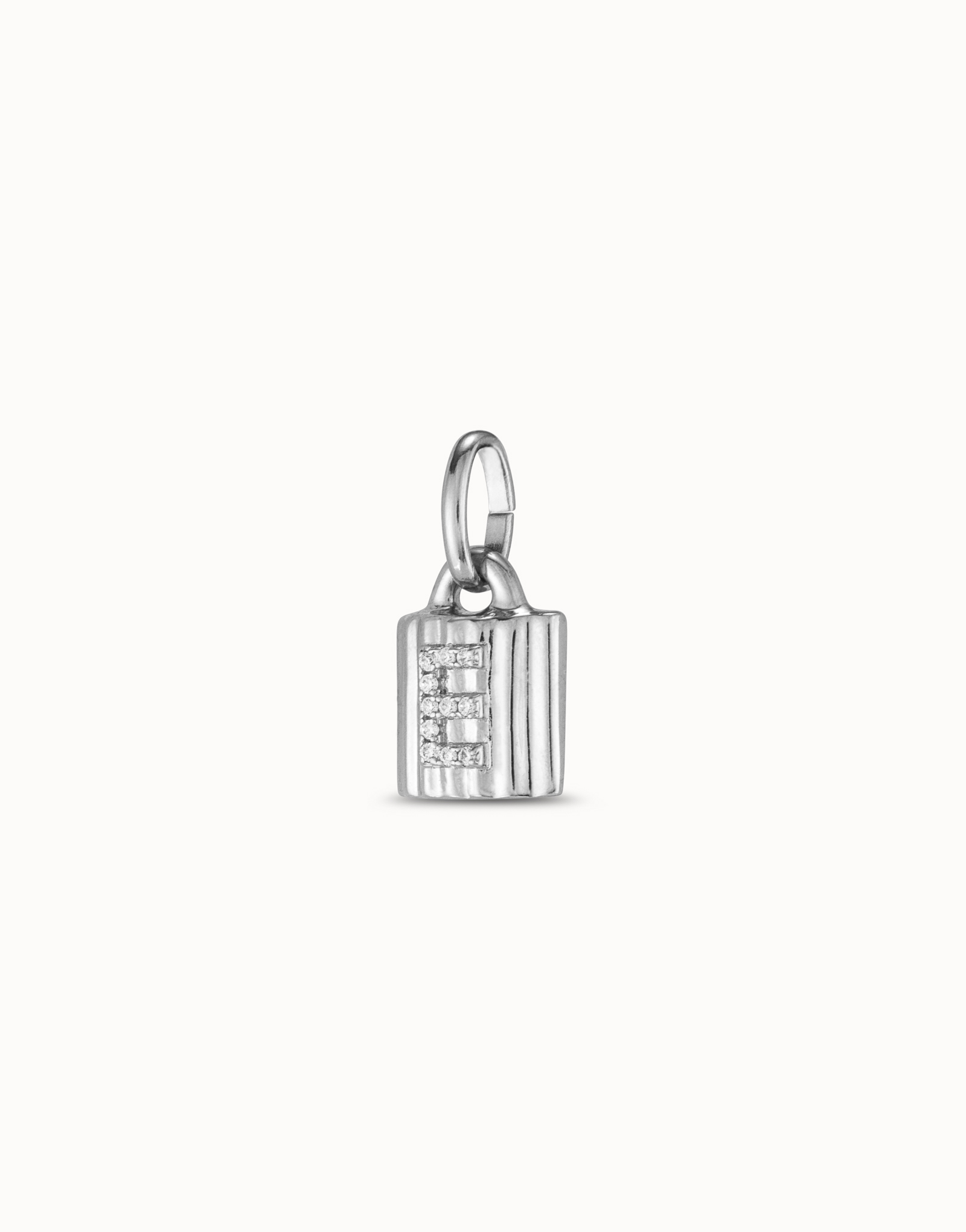 Sterling silver-plated padlock charm with topaz letter E, Silver, large thumbnail