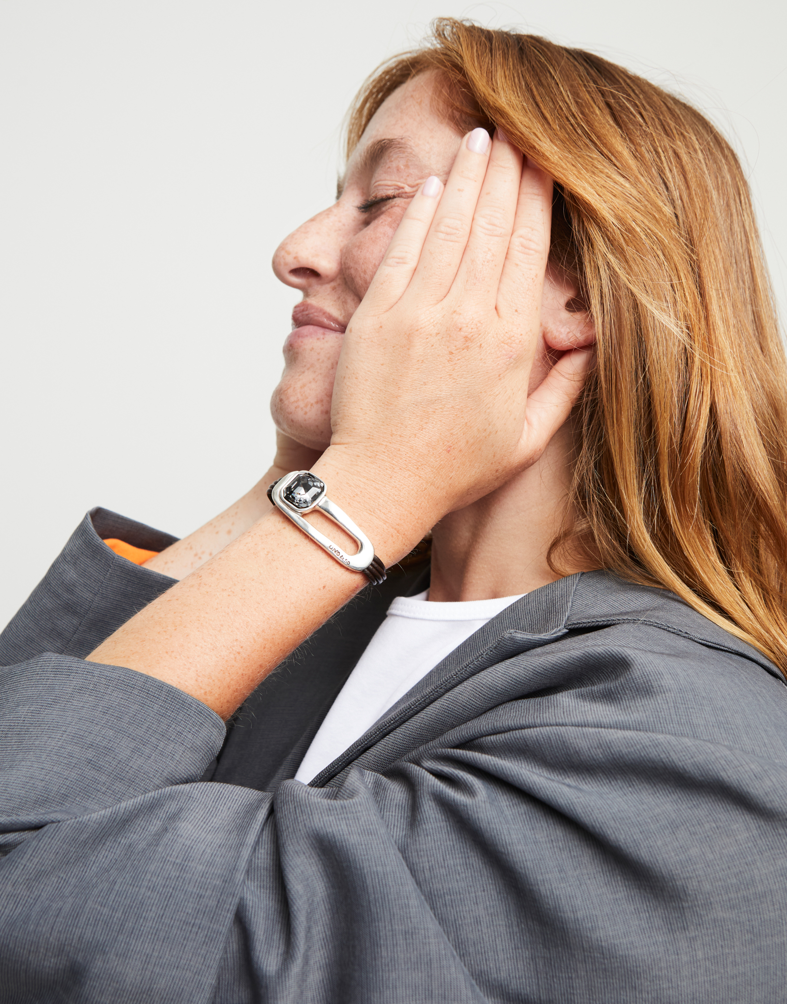 Leather bracelet with a black crystal, Silver, large thumbnail