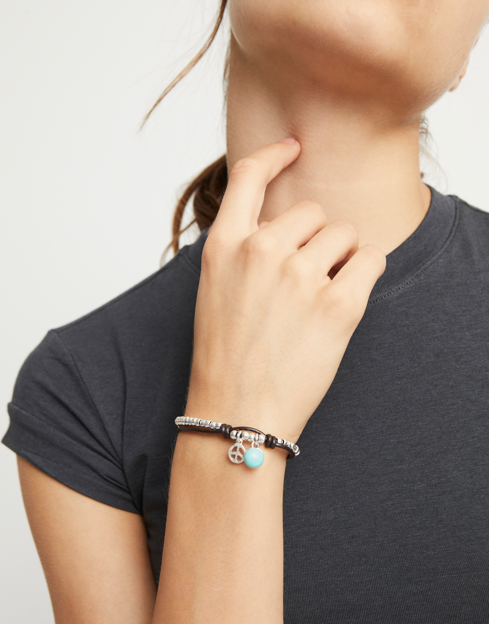 Leather beaded bracelet with turquoise murano glass, Silver, large thumbnail