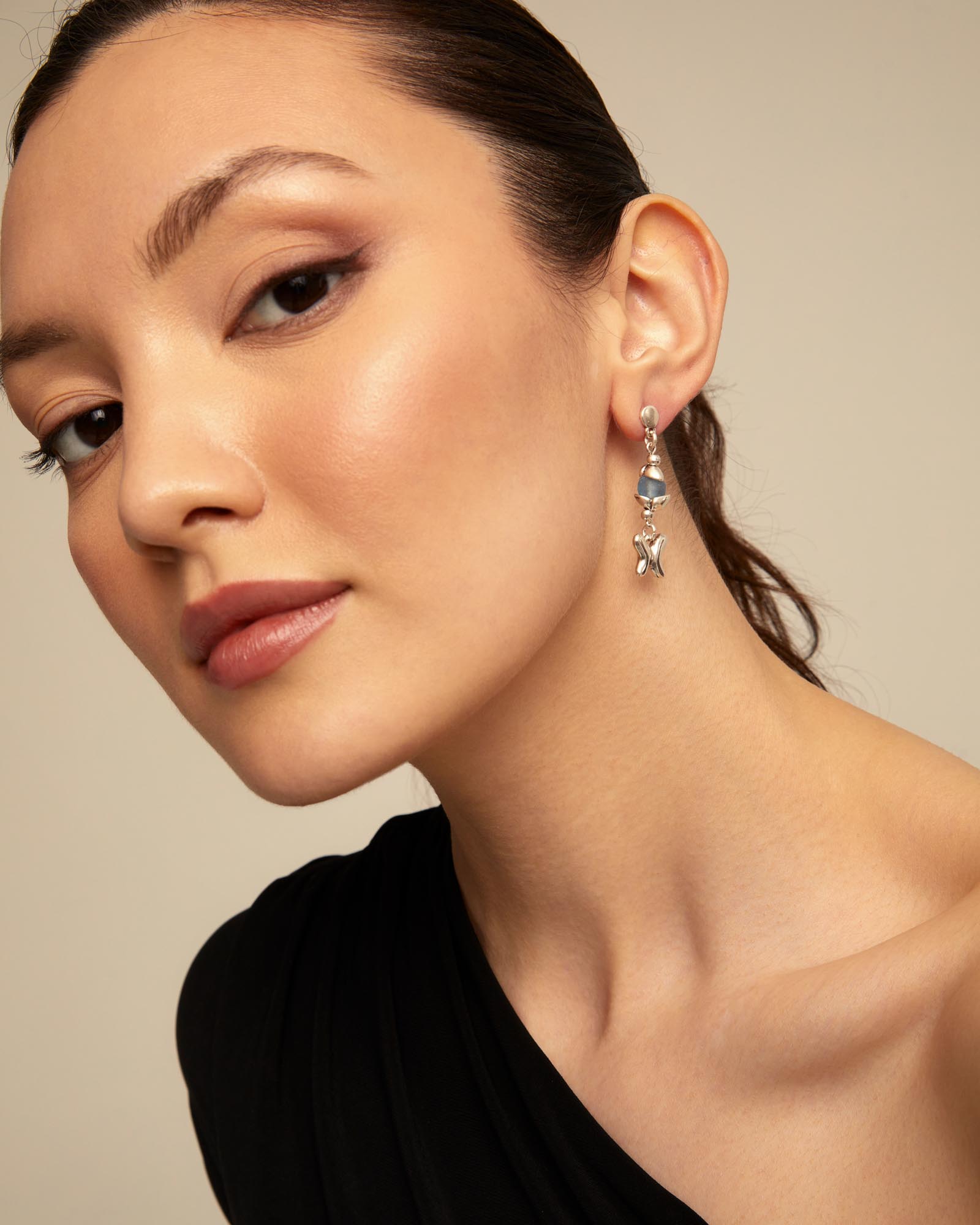 Earrings with blue crystal and butterfly, Silver, large thumbnail