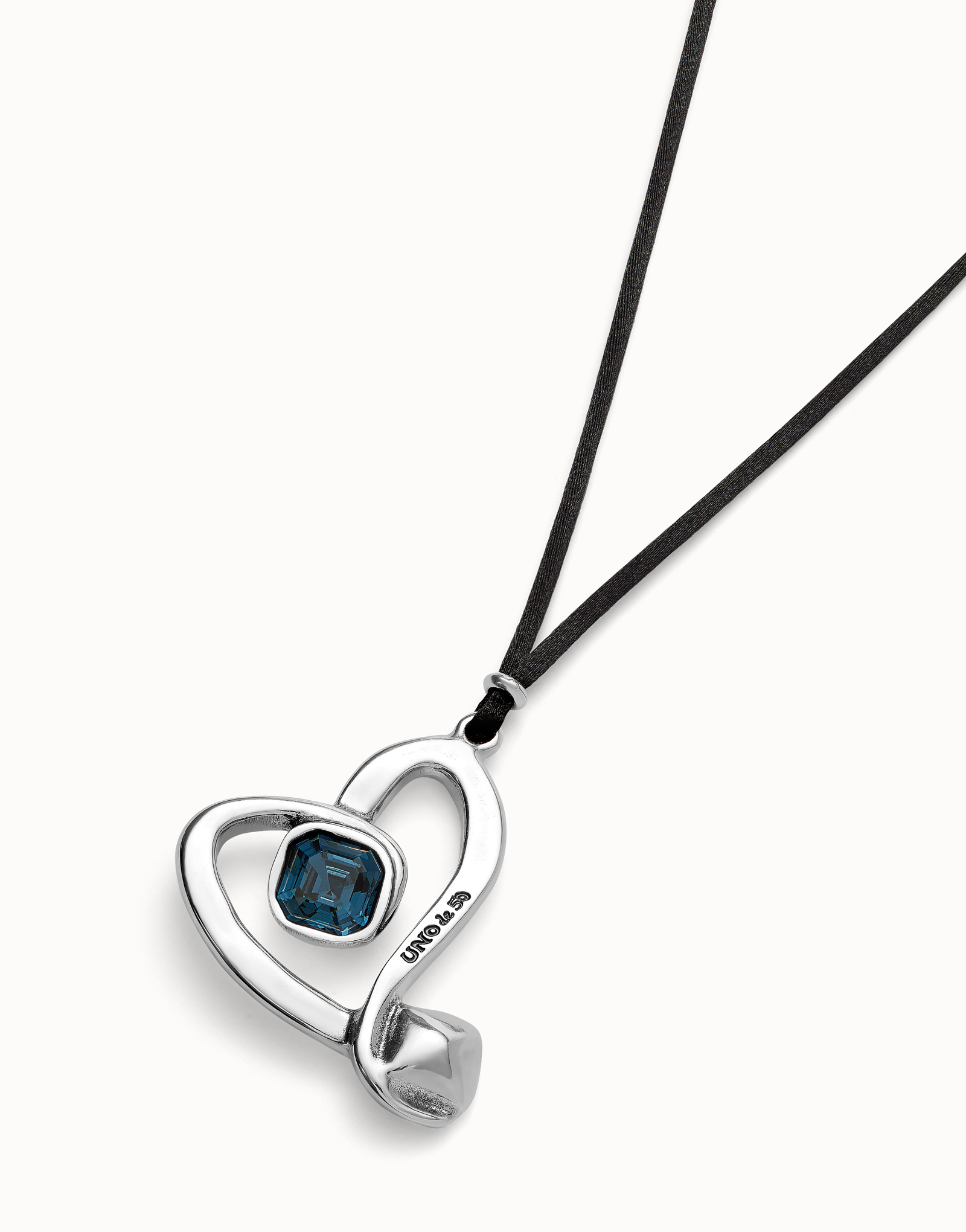 Long pendant and central heart with blue crystal, Silver, large thumbnail