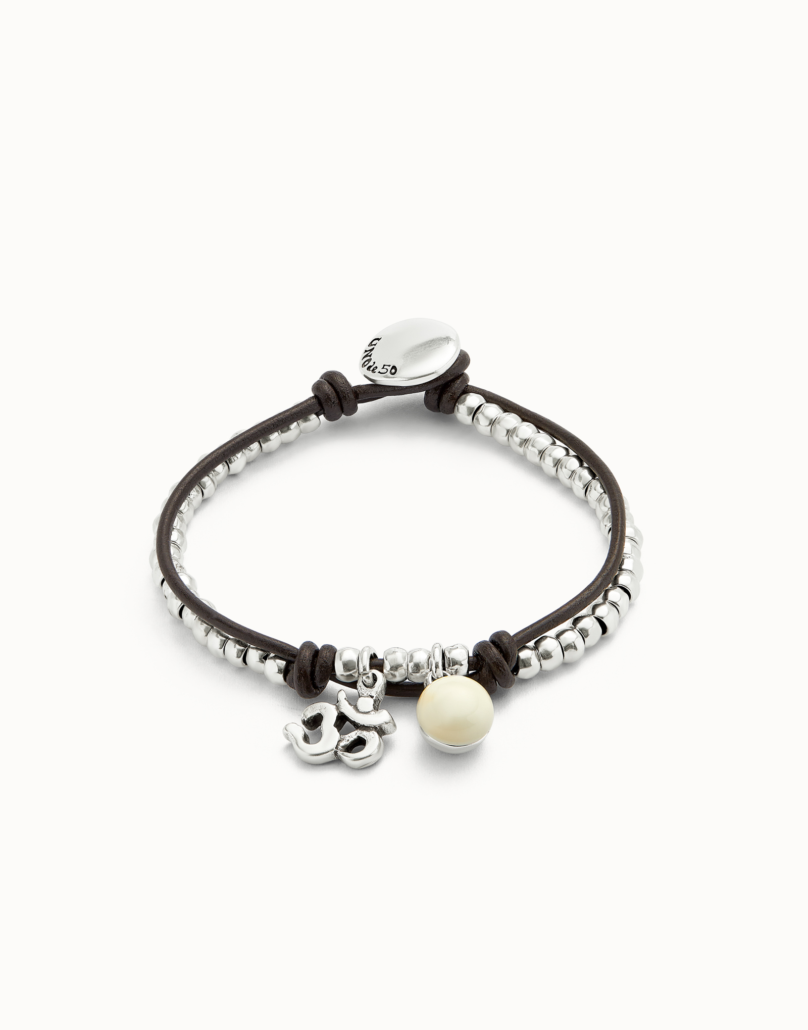 Bracciale placcato argento Sterling con cuoio e cristallo di Murano avorio, Argent, large thumbnail