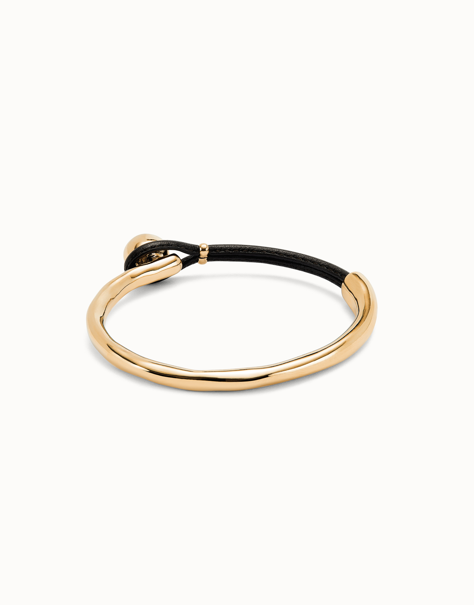 Bangle bracelet with brown leather, Golden, large thumbnail