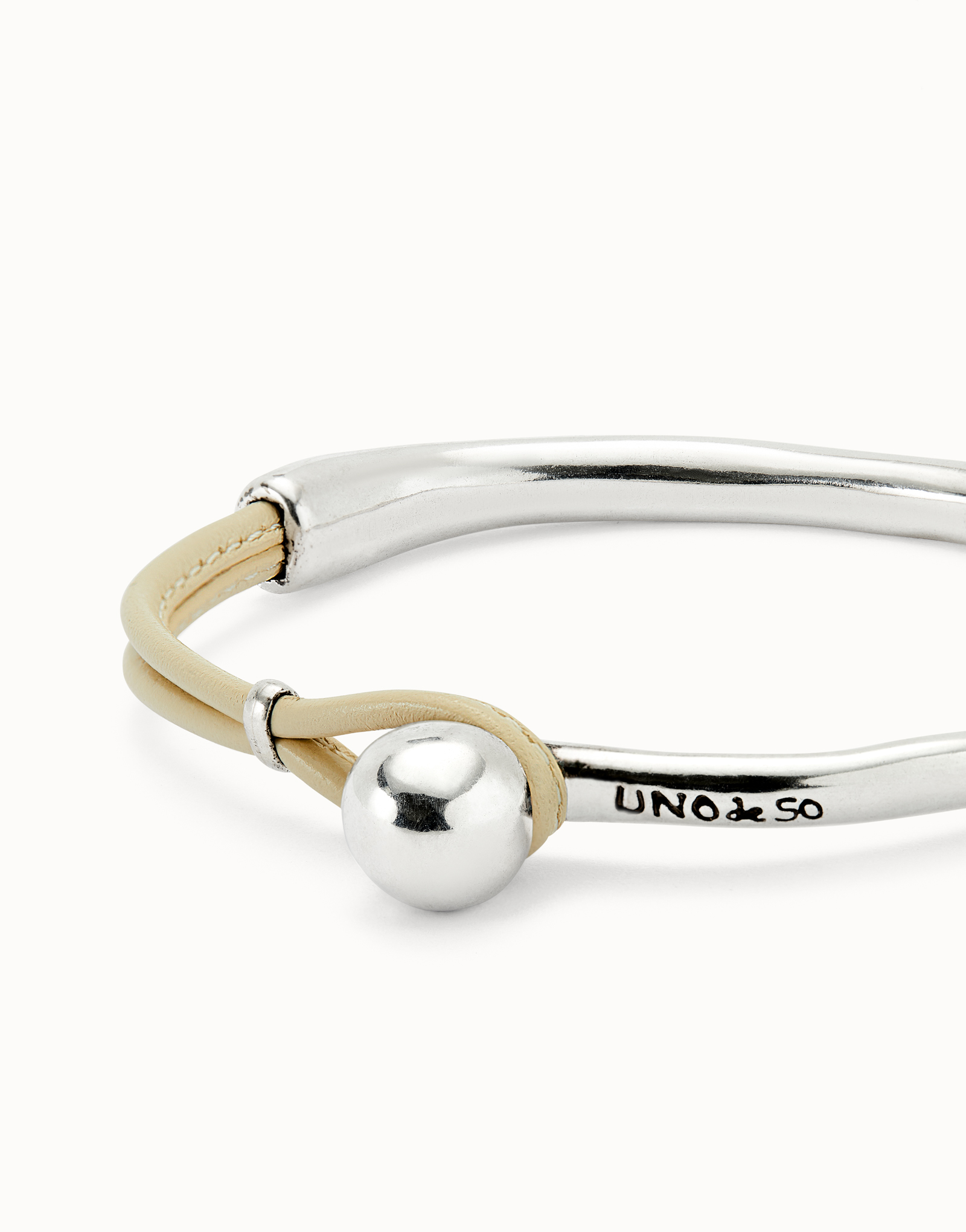 Bangle bracelet with ivory leather, Silver, large thumbnail