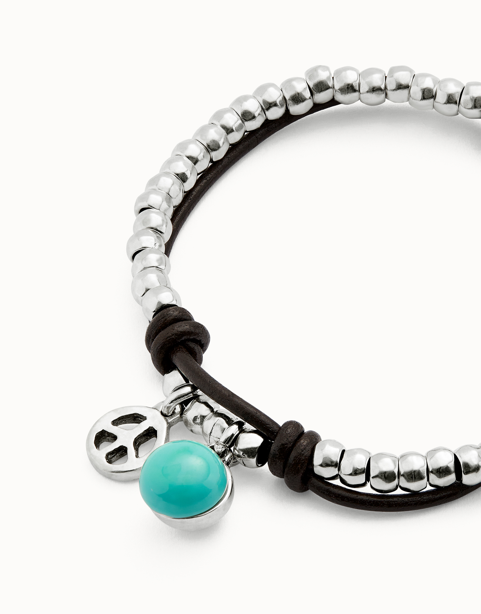 Leather beaded bracelet with turquoise murano glass, Silver, large thumbnail
