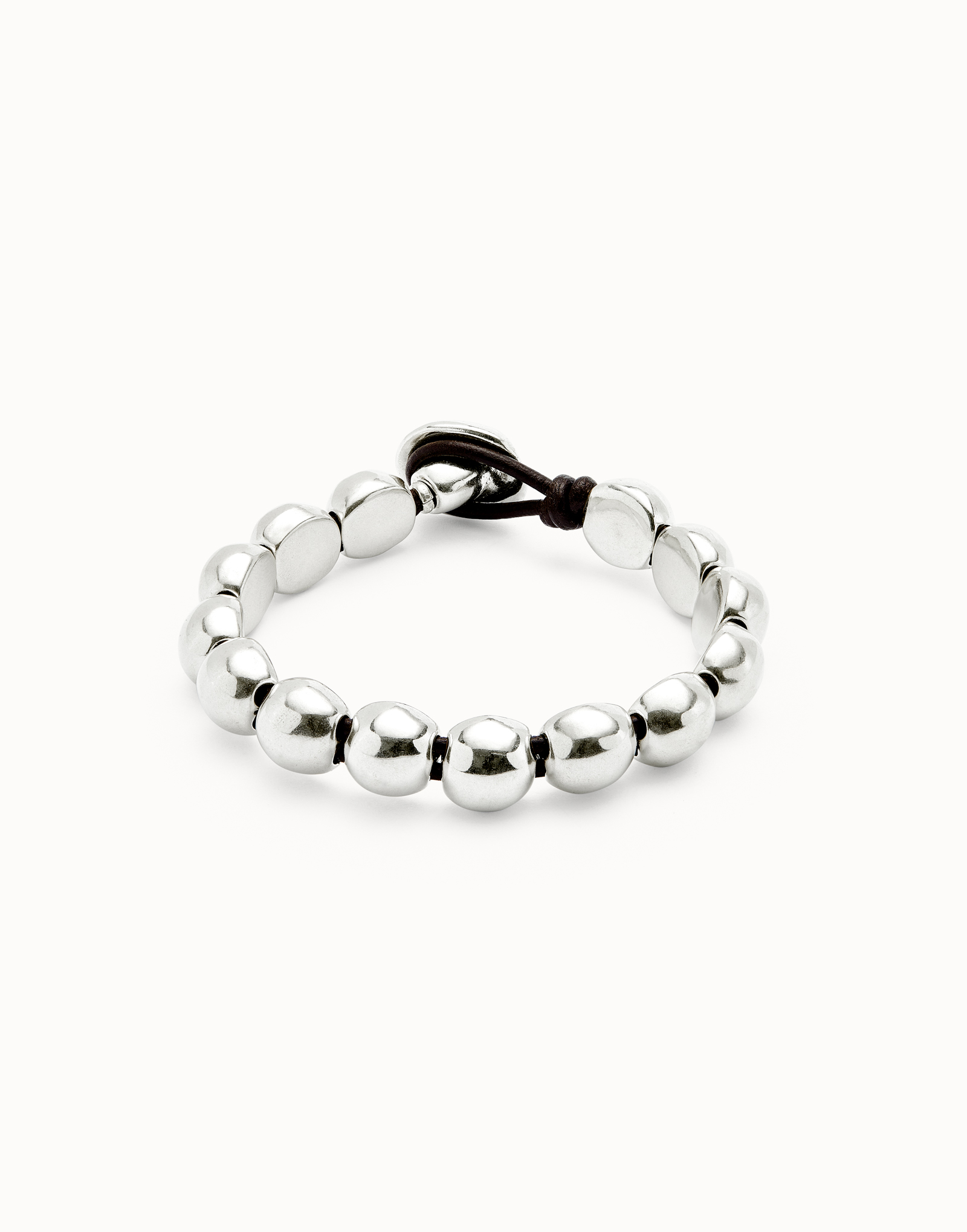 Leather bracelet with small round beads, Silver, large thumbnail