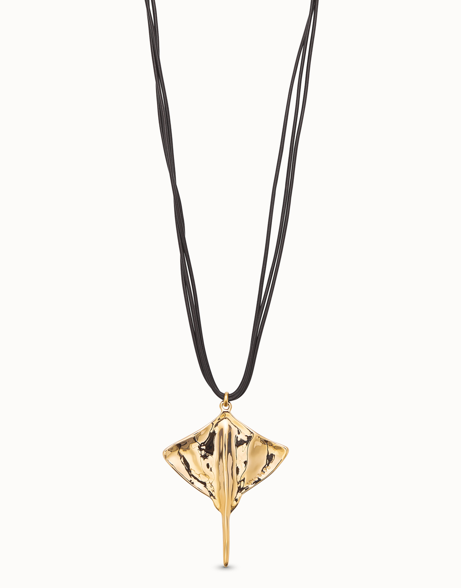Long leather necklace pendant with manta ray, Golden, large thumbnail