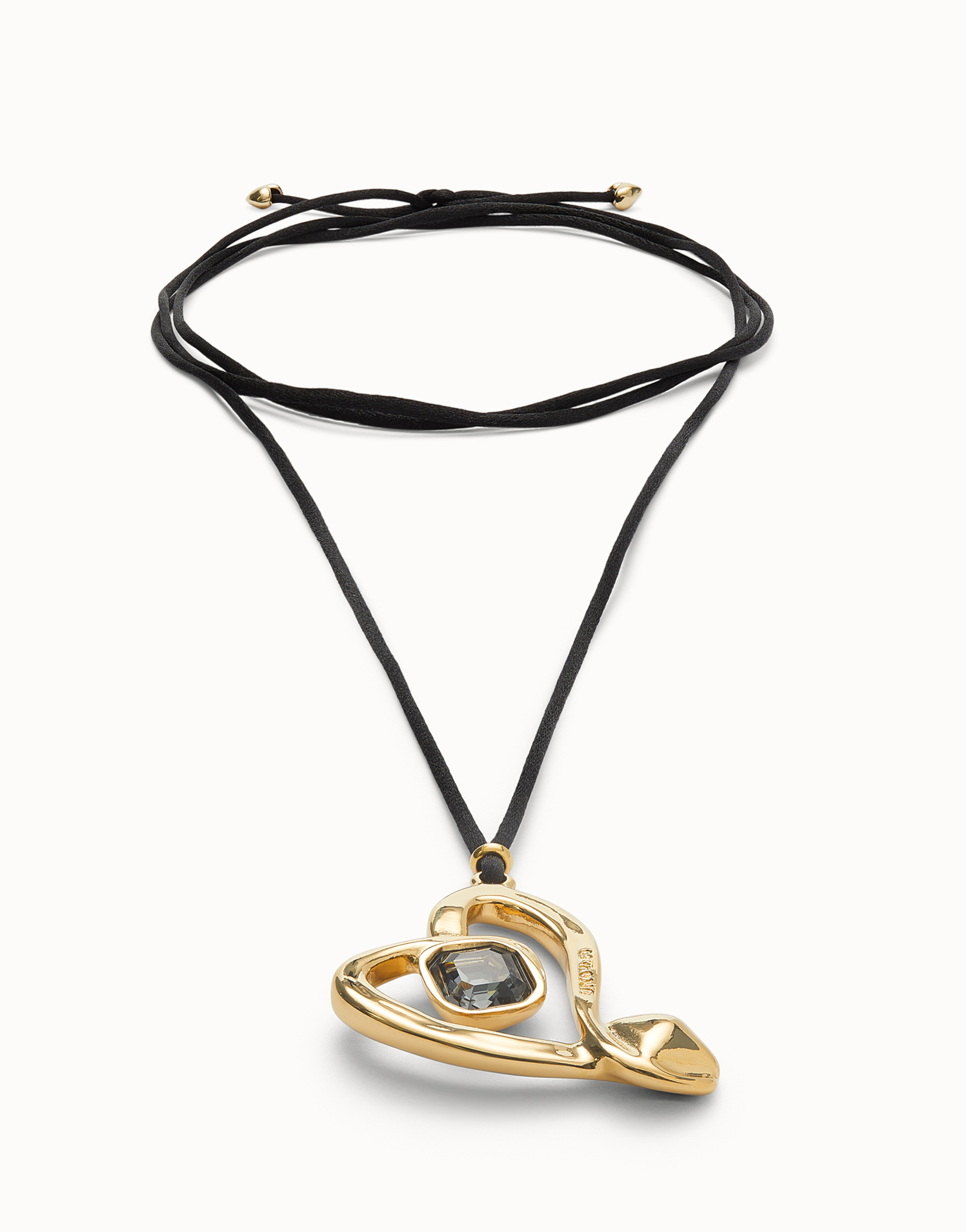 Long pendant and central heart with black crystal, Golden, large thumbnail