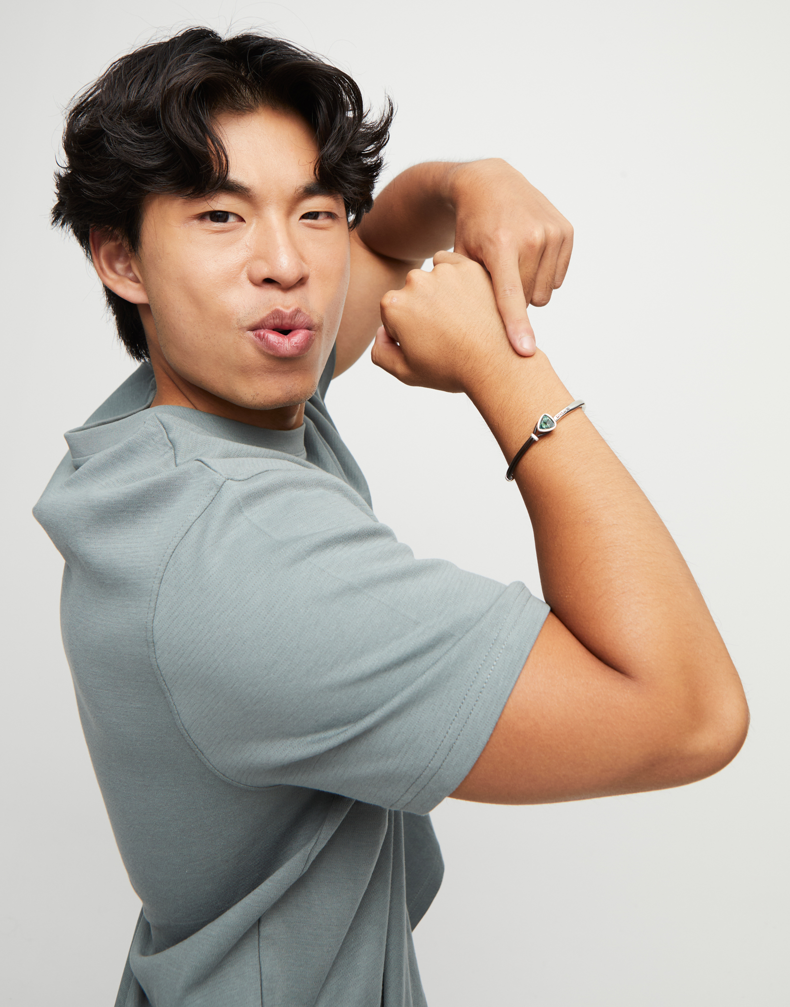 Bangle bracelet with leather and green crystal, Silver, large thumbnail