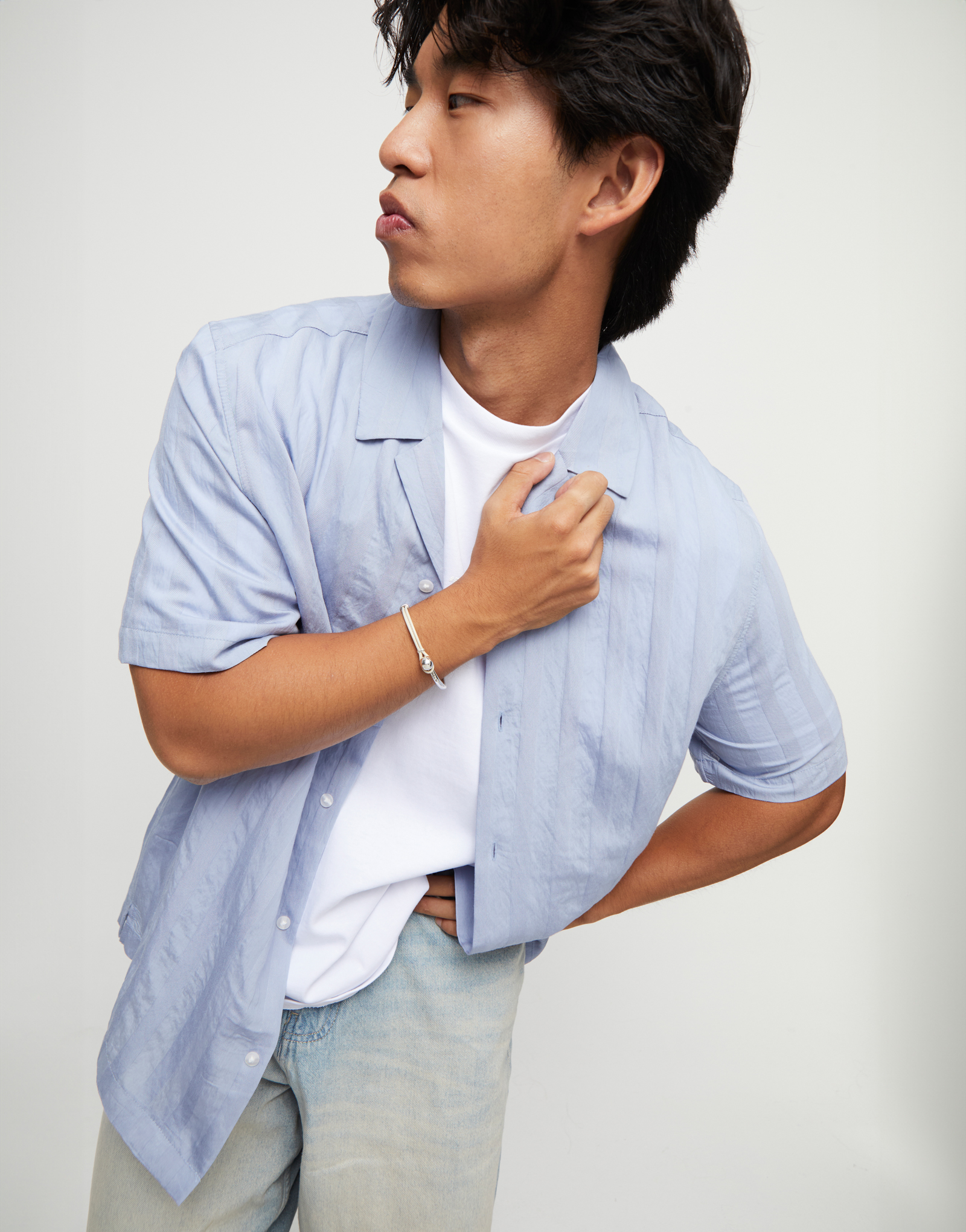 Bangle bracelet with ivory leather, Silver, large thumbnail