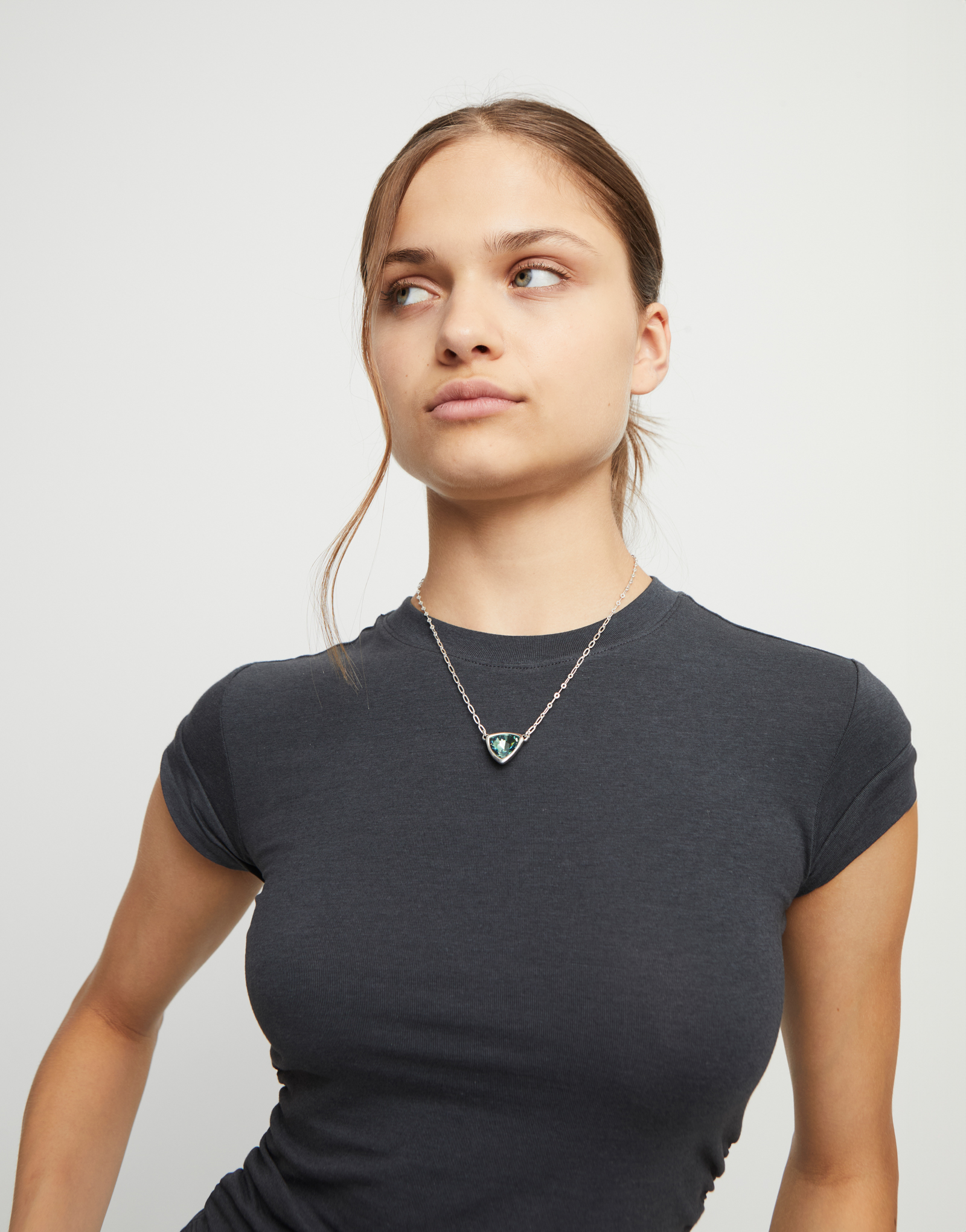 Pendant chain link necklace with green crystal, Silver, large thumbnail