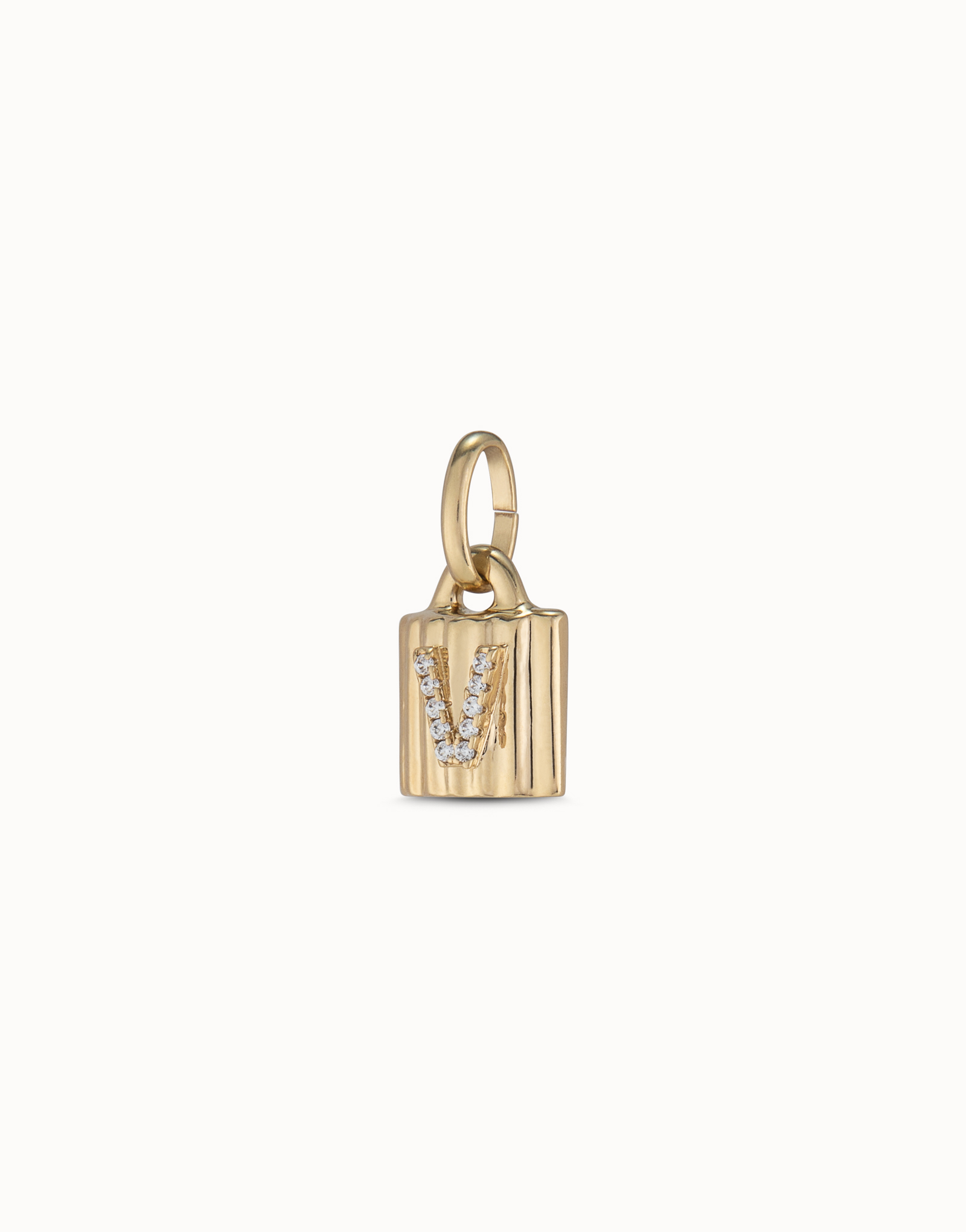 18K gold-plated padlock charm with topaz letter V, Golden, large thumbnail