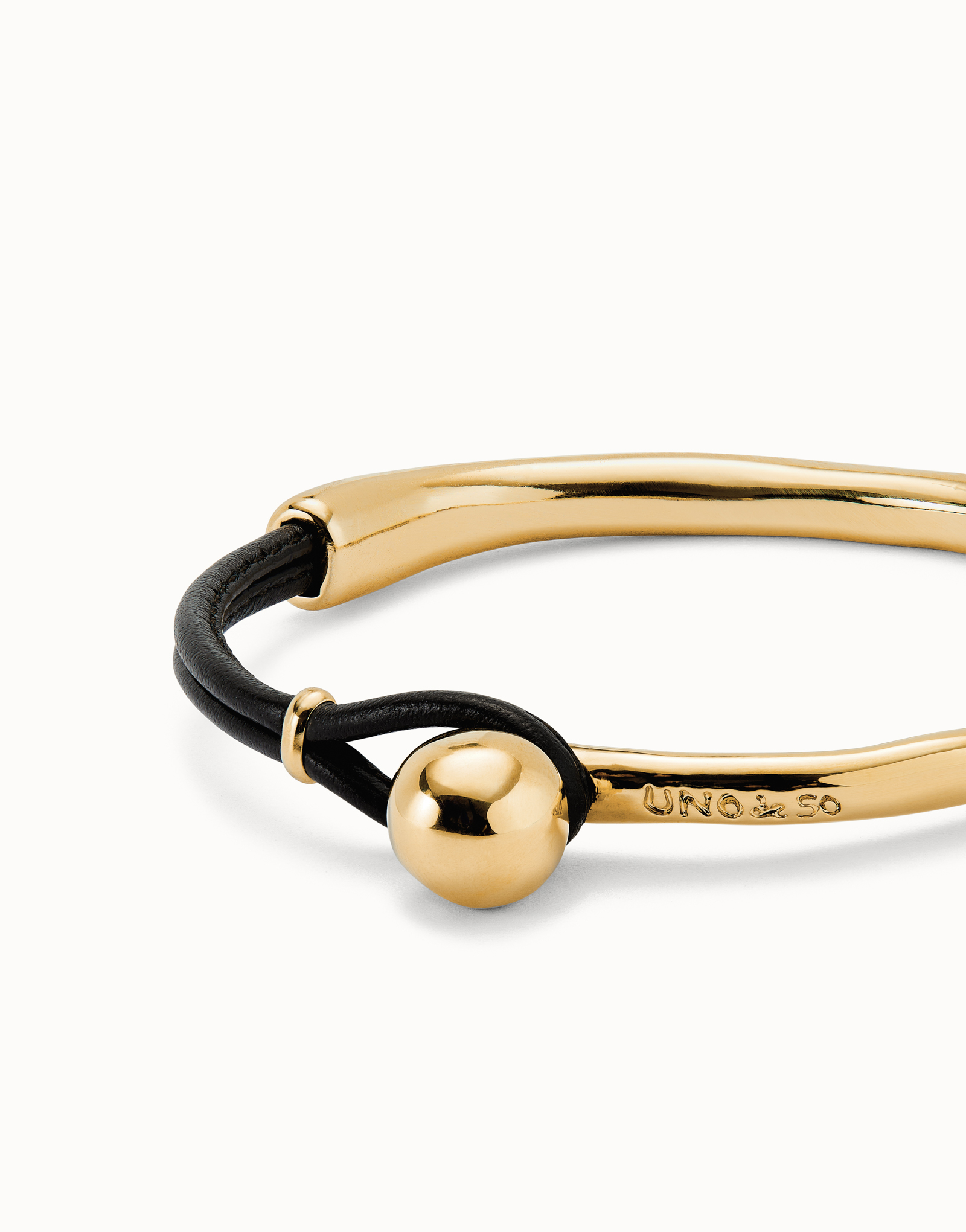 Bangle bracelet with brown leather, Golden, large thumbnail