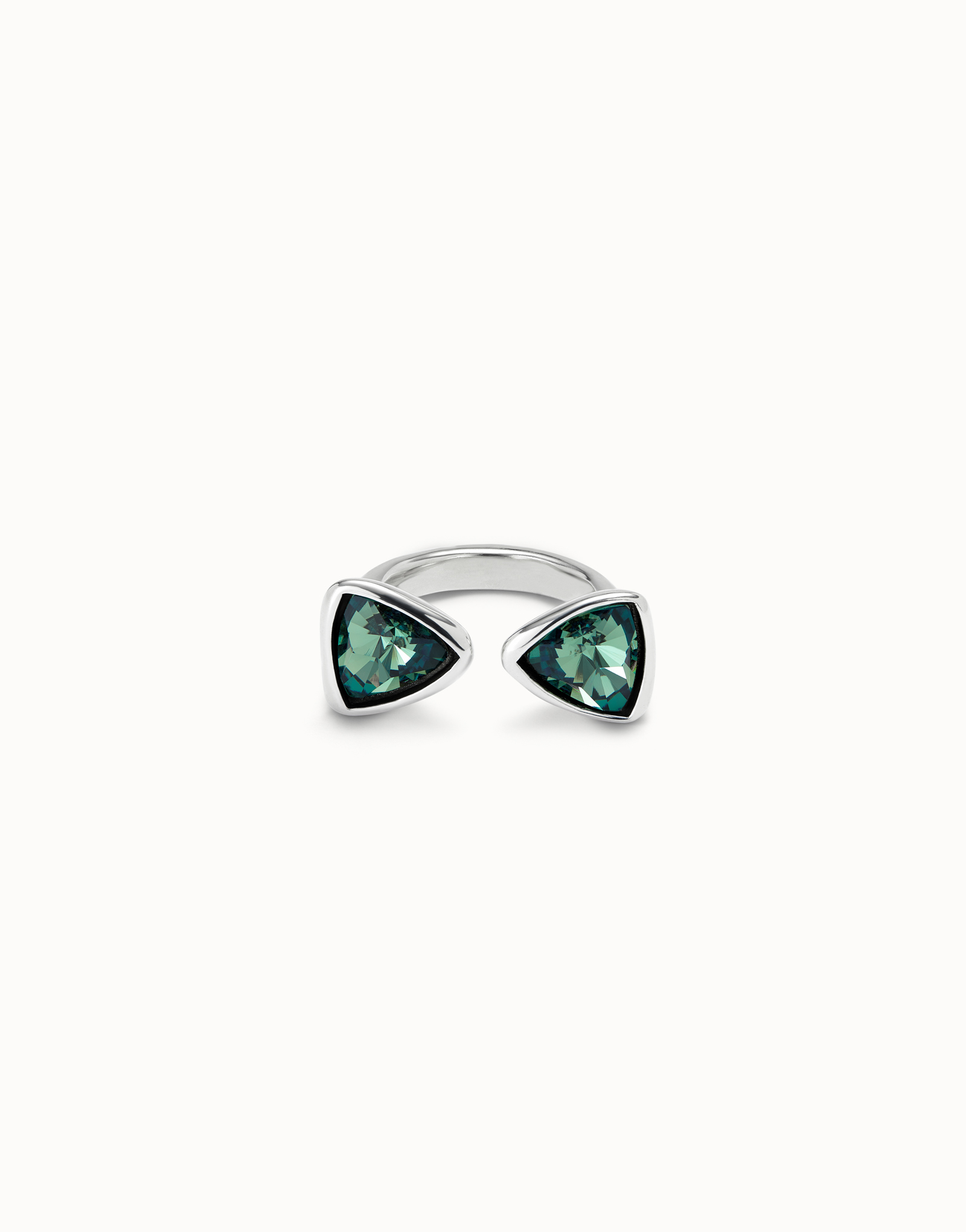 Triangular ring with two green crystals, Silver, large thumbnail