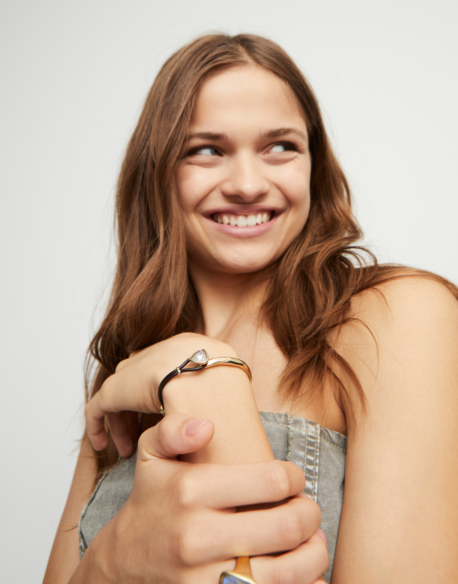 Bangle bracelet with leather and multicolor crystal, Golden, large thumbnail