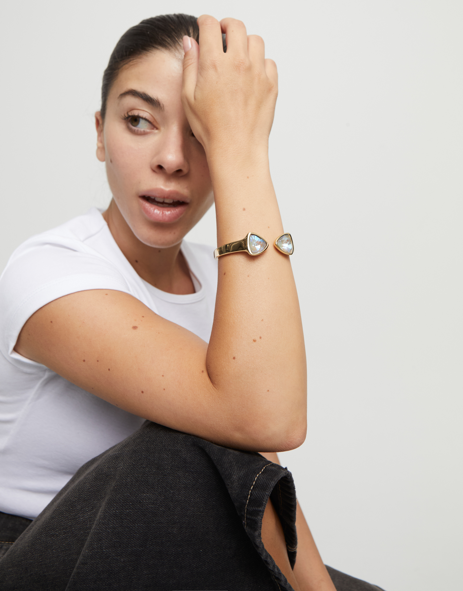 Bangle bracelet with two multicolored crystals, Golden, large thumbnail