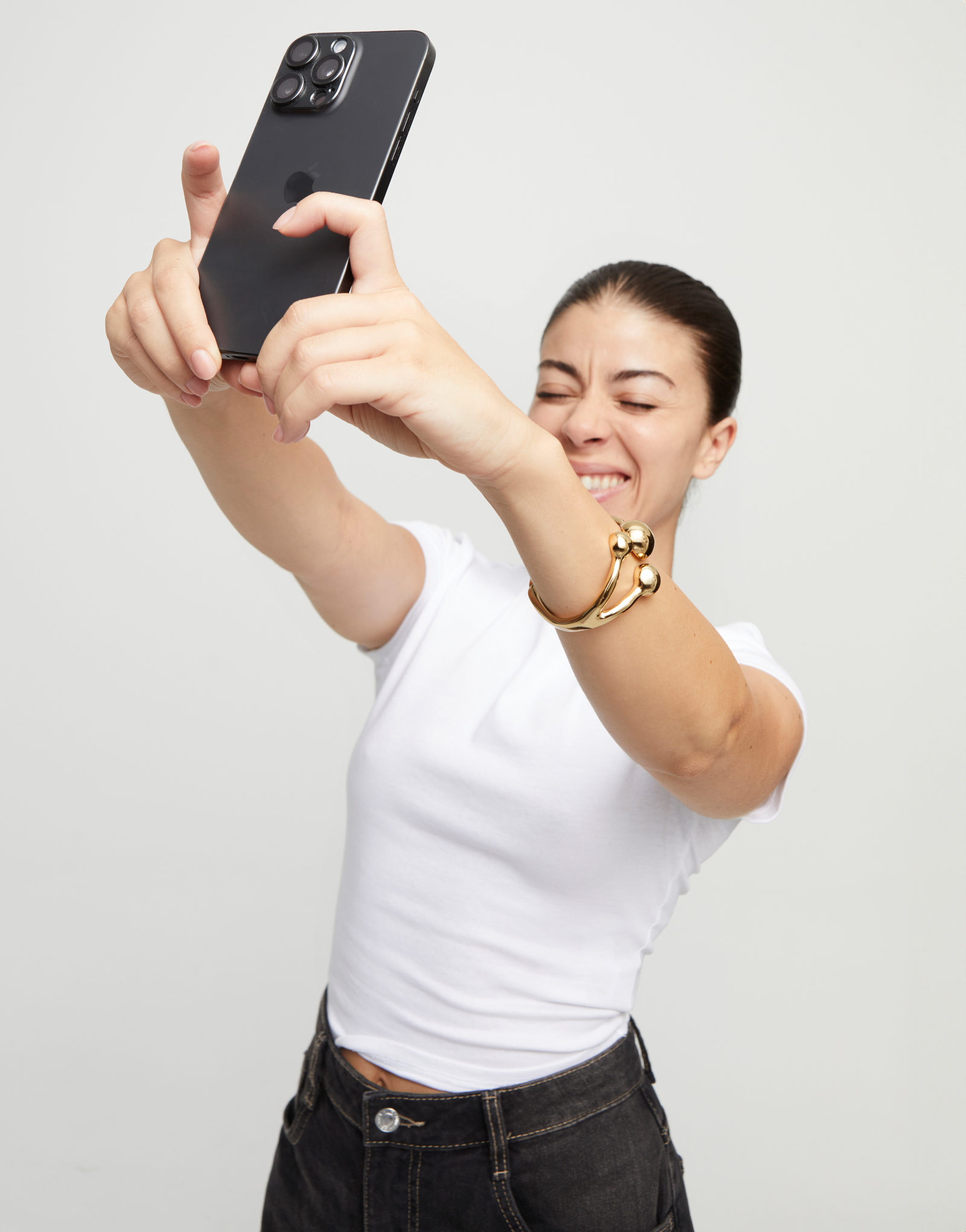 Cuff bracelet with three beads, Golden, large thumbnail