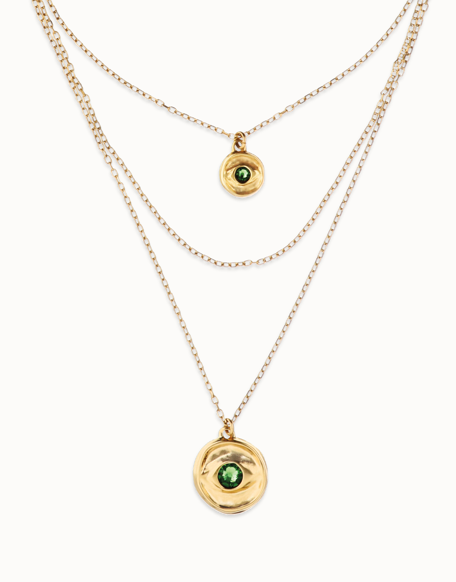 Collar triple bañado en oro 18k con charms de ojo y cristal facetado verde, Dorado, large thumbnail