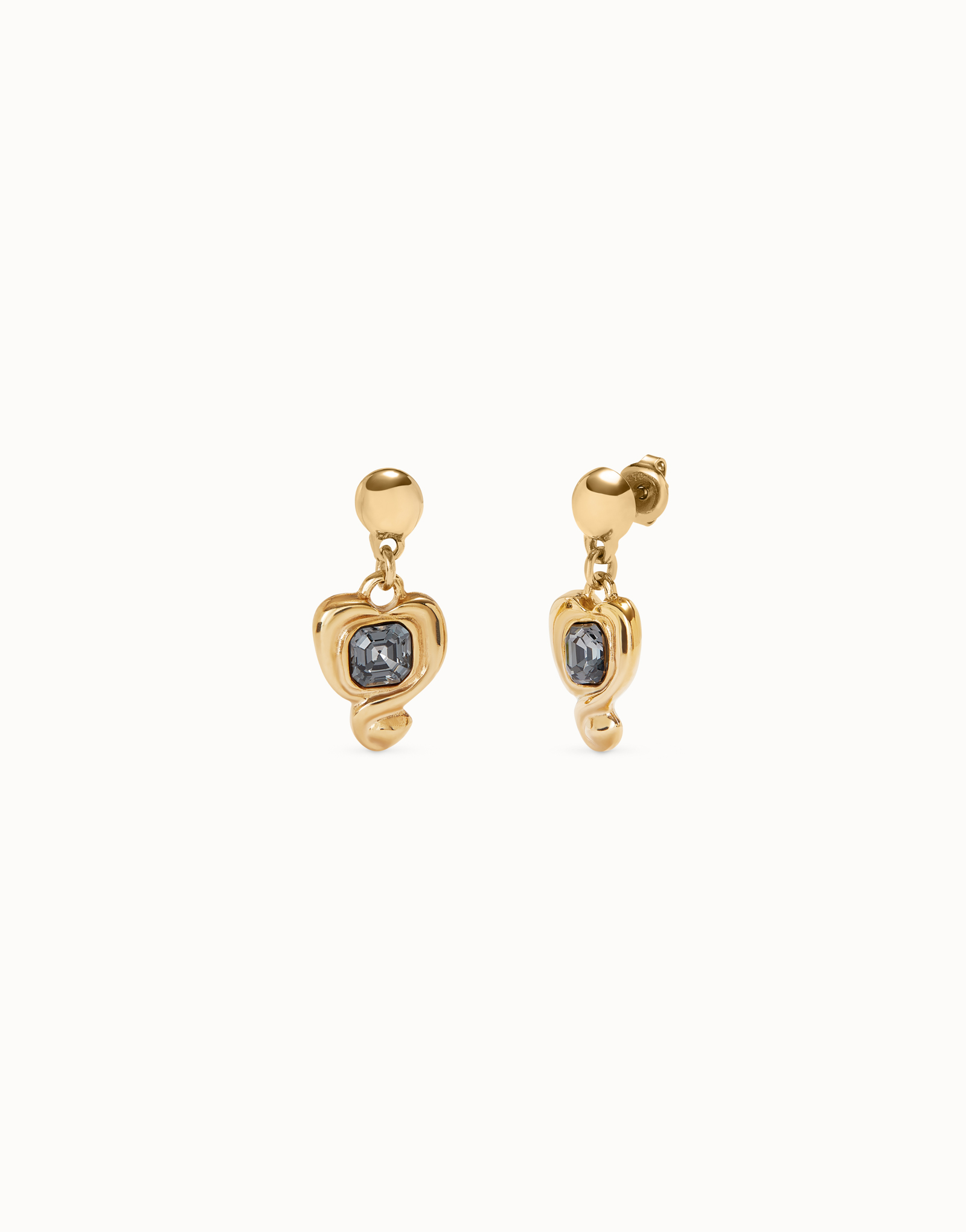 Drop earrings with a heart and black crystal, Golden, large thumbnail