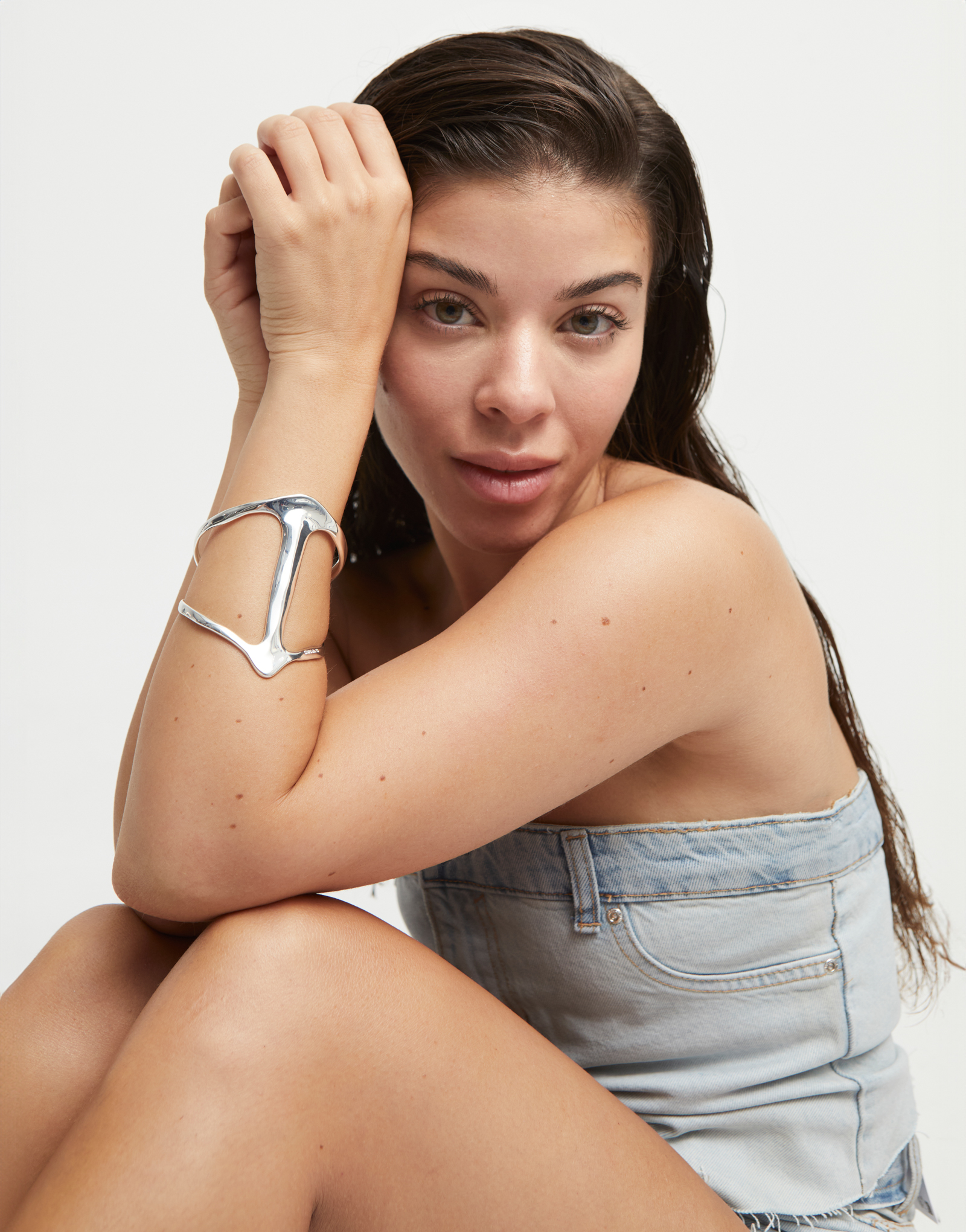 Bracciale rigido placcato argento Sterling con struttura di manta gigante e topazi., Argent, large thumbnail