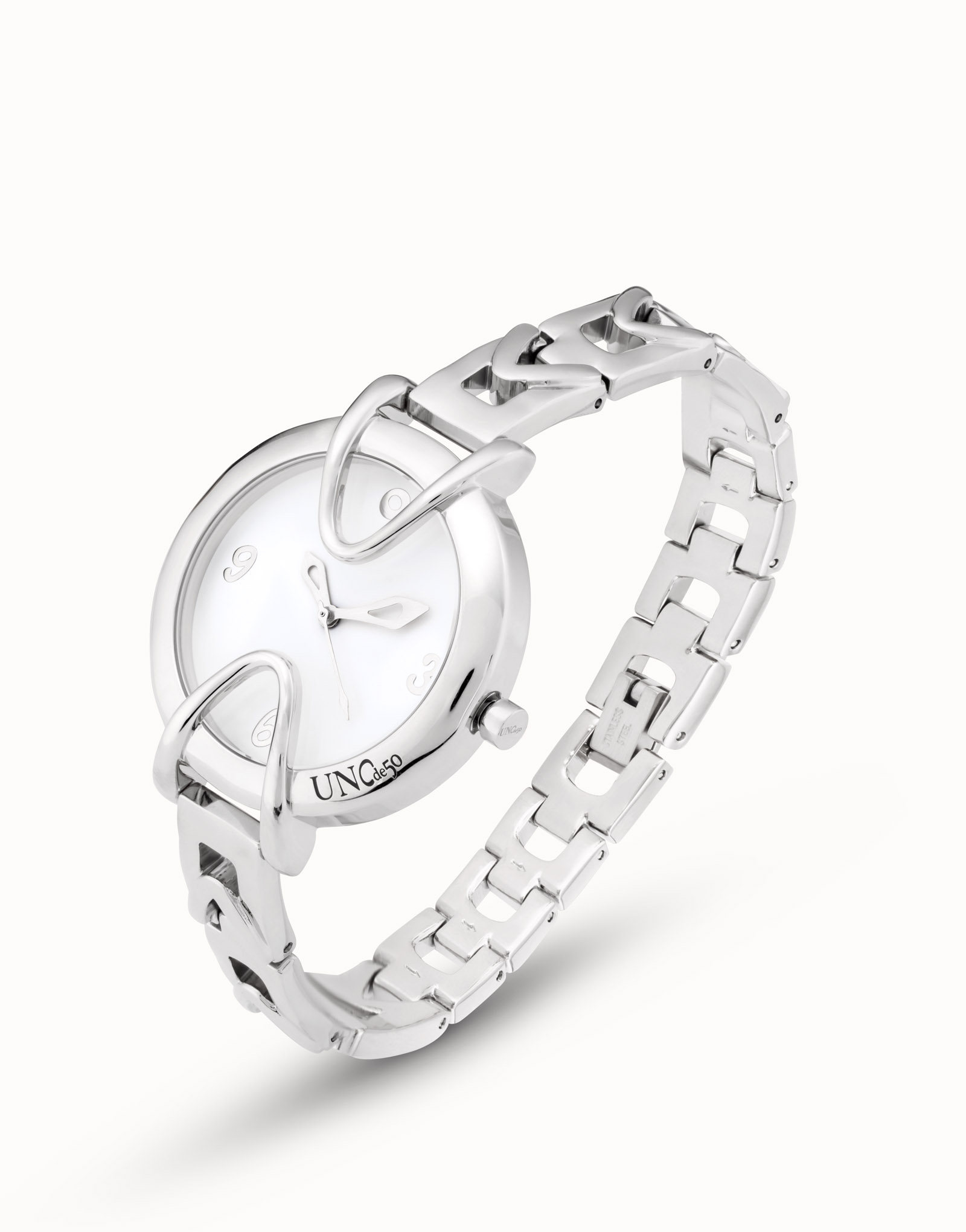 Sterling silver-plated watch with metal strap and round white dial, Silver, large thumbnail