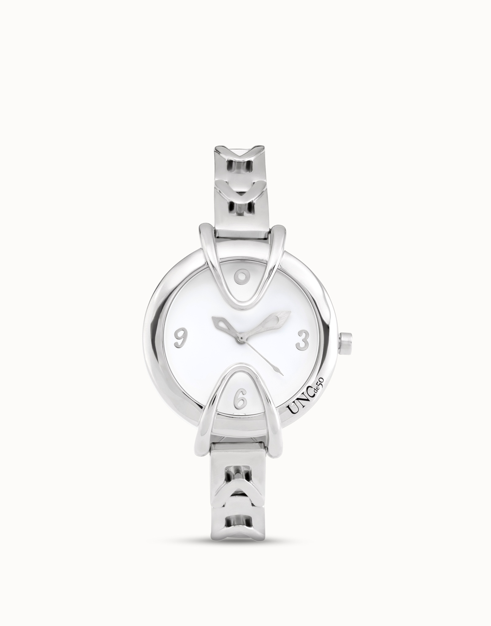Sterling silver-plated watch with metal strap and round white dial, Silver, large thumbnail