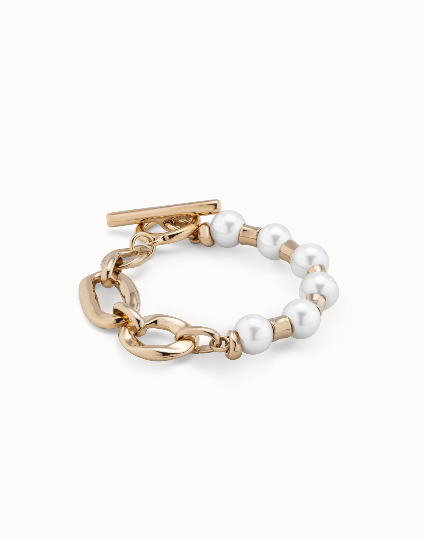 Link chain bracelet with pearls, Golden, large thumbnail