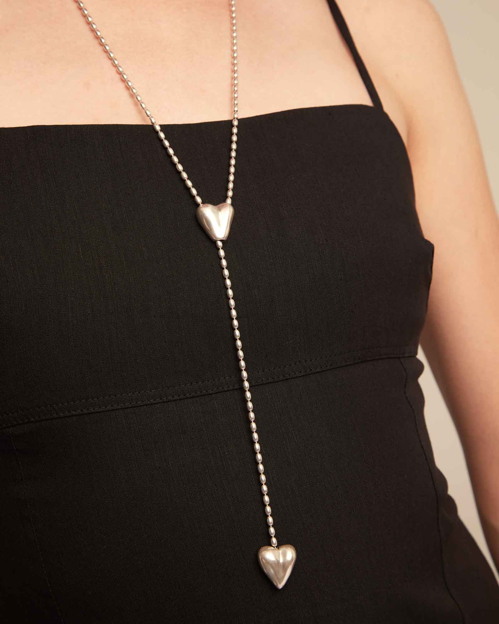 Chaîne plaquée argent avec deux cœurs, dont un réglable au centre., Argent, large thumbnail